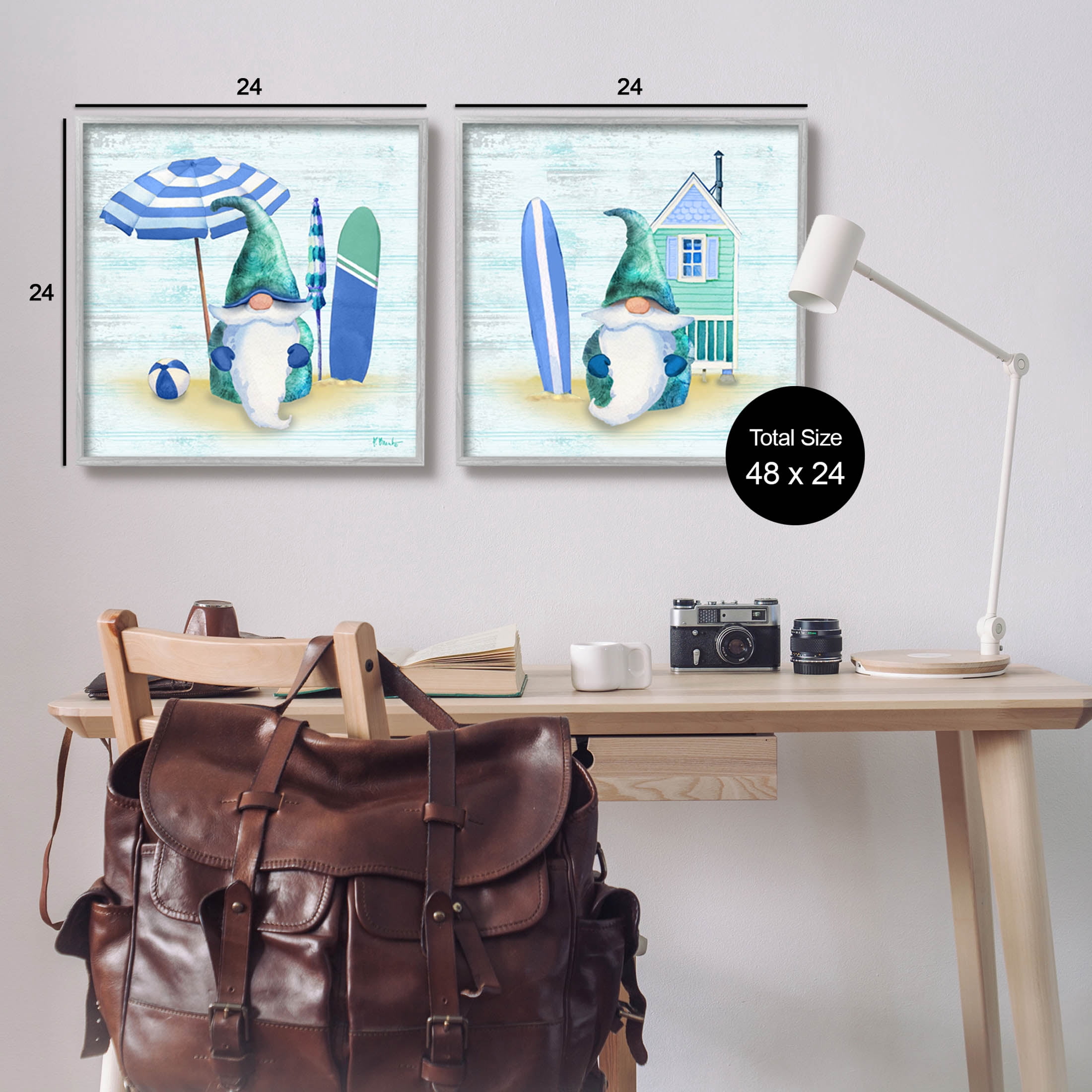 Nautical Gnomes Beach Surfboards Fairy Tales & Fantasy Graphic Art Gray Framed Art Print Wall Art, Set of 2