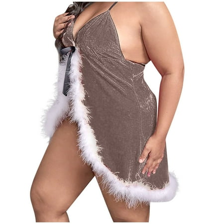 

DORKASM Teddy Sexy Lingerie for Women 2PCS Feather Front Closure Lingerie Set Christmas Red Babydoll Bra and Panty Sets L Khaki