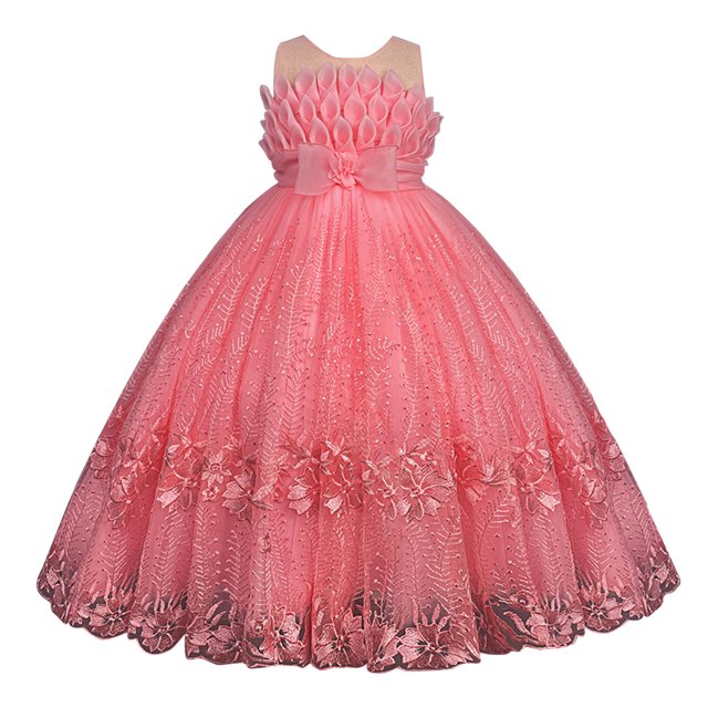 Robe de Bal de Fin d'Année pour Filles à Imprimé Floral, Élégante en Tulle avec Nœud et Ceinture, Robe Maxi de Princesse