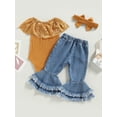 thumbnail image 4 of Bagilaanoe 3pcs Newborn Baby Girl Long Pants Set Sleeveless Lace Patchwork Romper Tops + Flare Jeans Headband 3M 6M 9M 12M 24M Infant Casual Outfits, 4 of 9