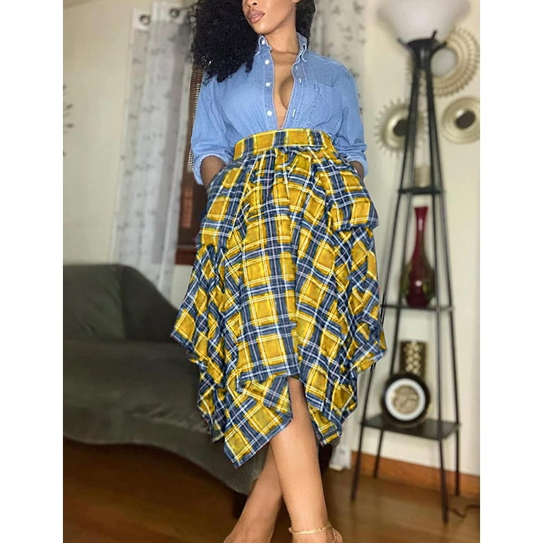 Asymmetric plaid midi skirt cheap