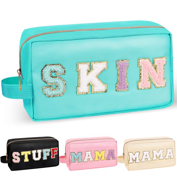 Izuzta Chenille Letter Makeup Bag,Nylon Preppy Patch Zipper Pouch Purse with Handle,Waterproof Portable Glitter Travel Toiletry Bag for Women Girls