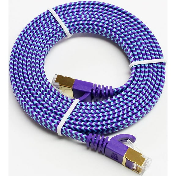 Tera Grand - CAT7 10 Gigabit Ethernet Ultra Flat Patch Cable Modem Router LAN Playstation Xbox - Built with Gold Plated, Shielded RJ45 Connectors Nylon Braided Jacket, 6 Ft Purple and Blue