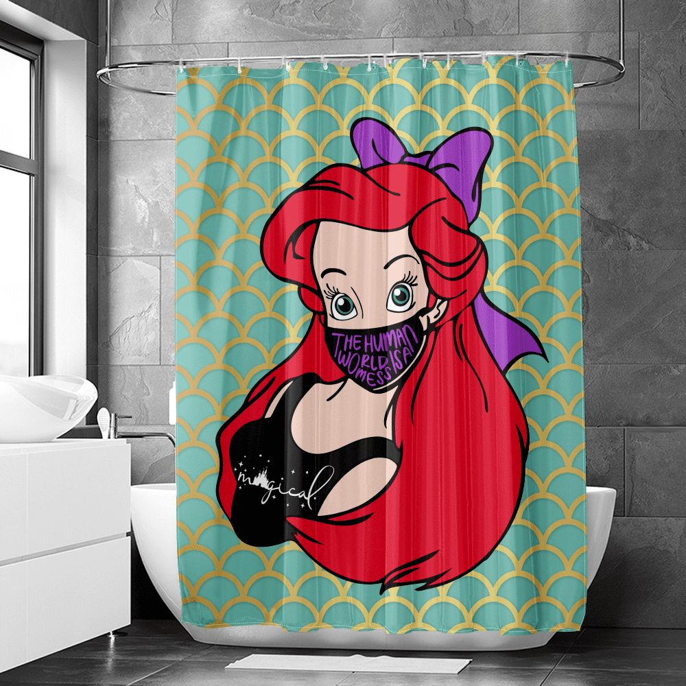 Mermaid Ariel Charm Princess Shower Curtin Geometric Pattern Bathroom