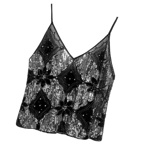 YongCo Women Sequins Mesh Camisole Sparkly Spaghetti Strap Crop Tank Top Cocktails Vest