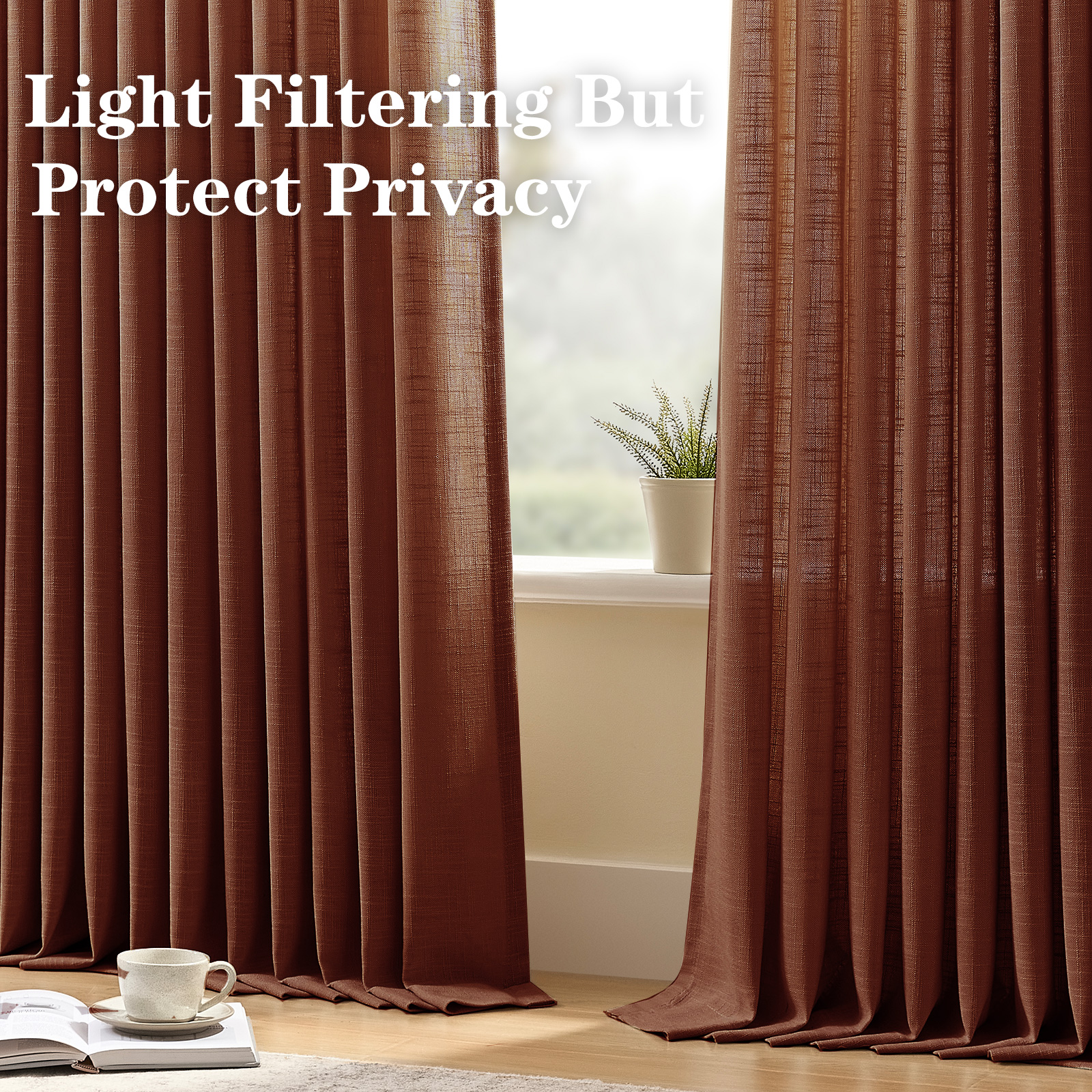 Galenzoov 40×108 inch 2 Panels Pinch Pleated Linen Curtains for Home, Light Filtering Airy & Privacy Protection Breathable Window Drapes for Bedroom, Living room, Office, Chestnut Brown