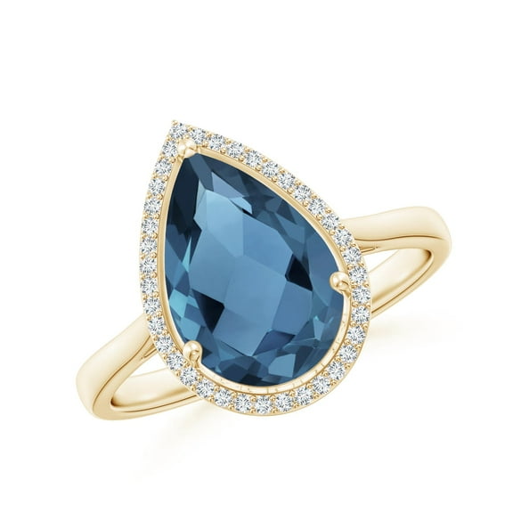 ANGARA Natural 3.5 ct London Blue Topaz Cocktail Ring with Diamond in 14K Yellow Gold for Women (Size-12x8mm) | November Birthstone Jewelry for Women | London Blue Topaz Ring (Ring Size- 7.5)