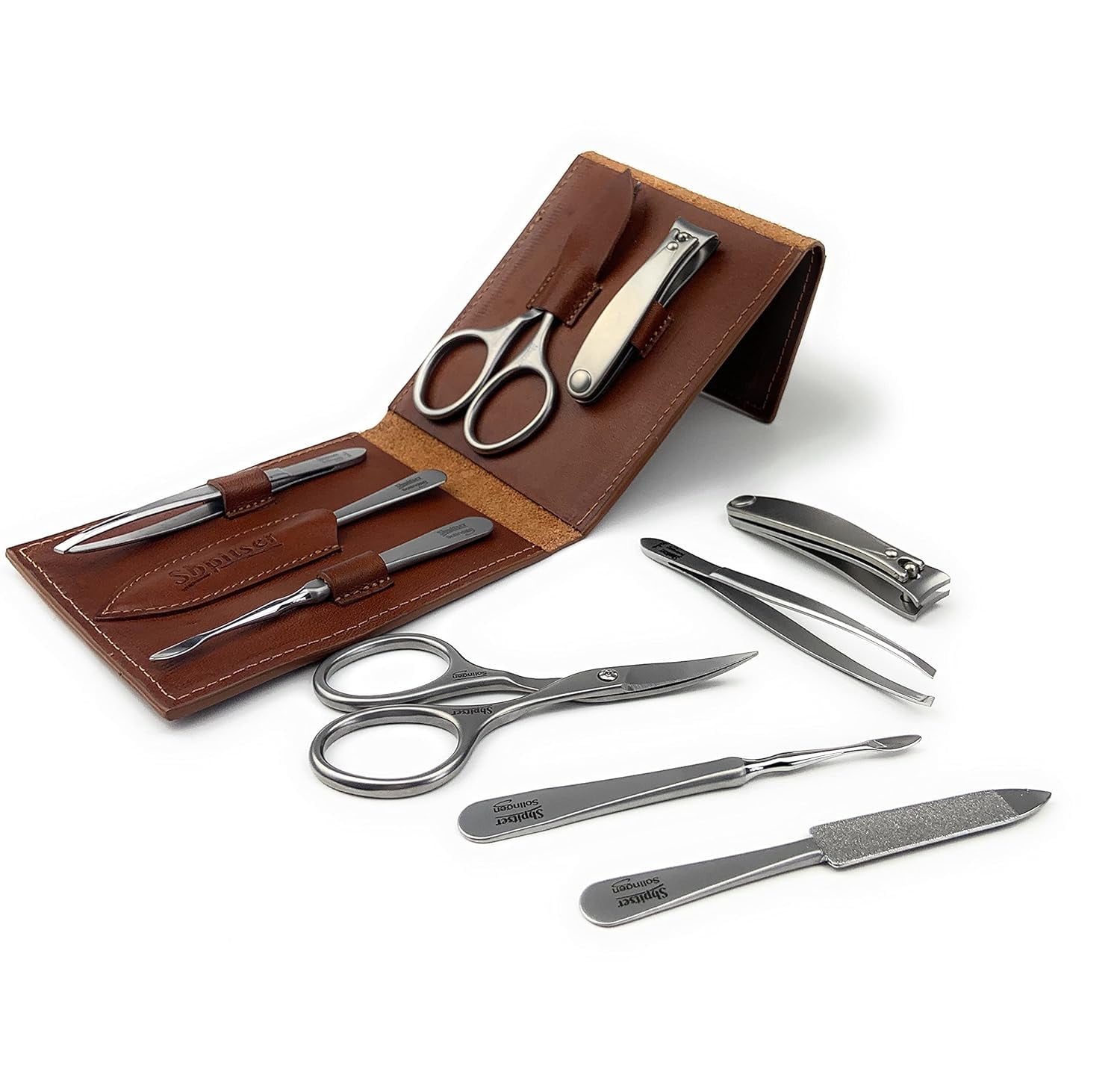 Shpitser Nail Kit, Manicure and Pedicure Women Set of 5 tools: Sharp Scissors, Clipper, Tweezers, Nail Cleaner, Nail File, Made in Solingen, Germany, Sturdy Stainless Steel, In Italian Leather Case