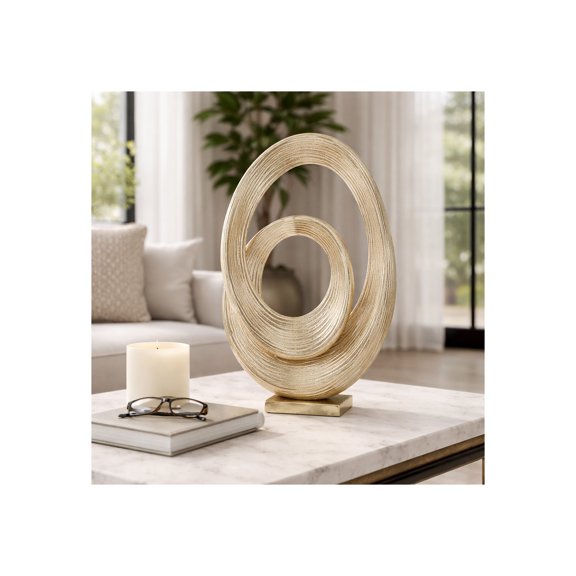 Abstract Ring Art Home Decor Sculpture Figurine - Modern Table Accent for Coffee Table and Room Display - Oval Ornament for Living Room, Bathroom, Office or Shelf Use - 20", Gold & Metallic