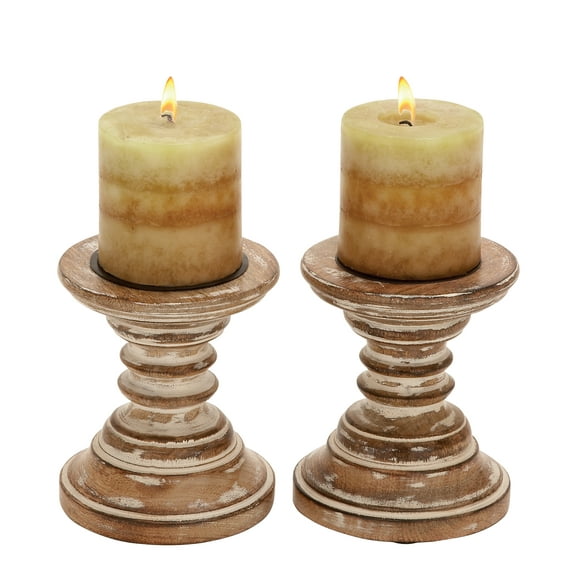DecMode 2 Candle Brown Mango Wood Candle Holder, Set of 2