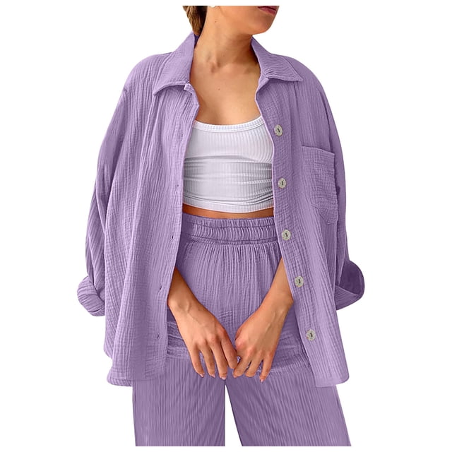 Conjunto casual de dos piezas para mujer con blusa ancha y pantalones elásticos - Tallas S-XL