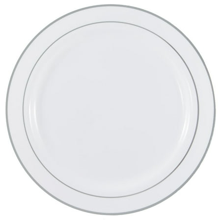 Rim Pasta Plate - Kaya Collection - Disposable White with Silver Rim Plastic Round 10.25
