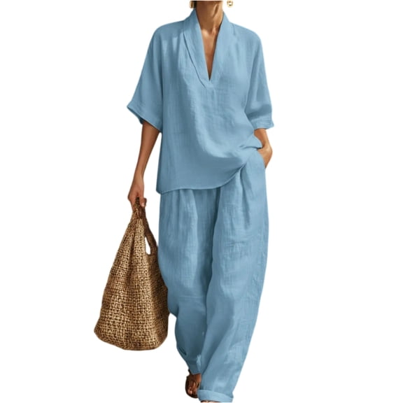 Domzest Two Piece Linen Sets for Women Short Sleeve V Neck Tunic Top Matching Wide Leg Pants Casual Loose Outfits With Side Pockets Light Blue M