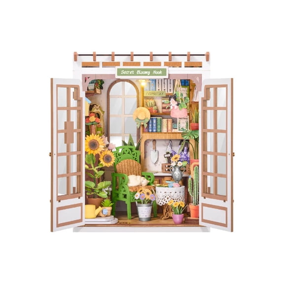 Rolife Secret Bloomy Nook DIY Book Nook Kit, 246-Piece No-Glue 3D Wooden Puzzle Garden Bookshelf Insert with Touch LED Light and Closing Double Doors for Adults