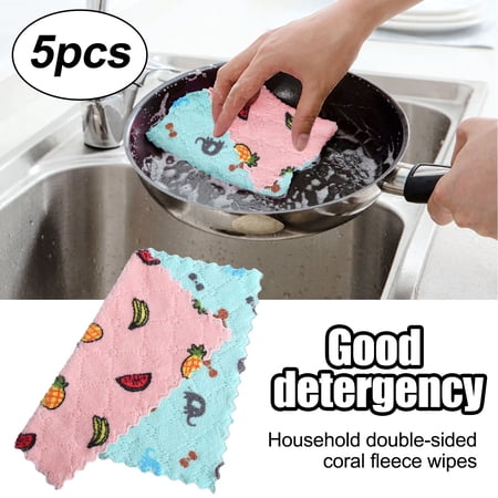 5PCS Dish Cloth Double-sided Two-color Dish-washing Towel Coral Fleece Hanging Cloth Scouring Pad Cleaning Cloth DOPI
