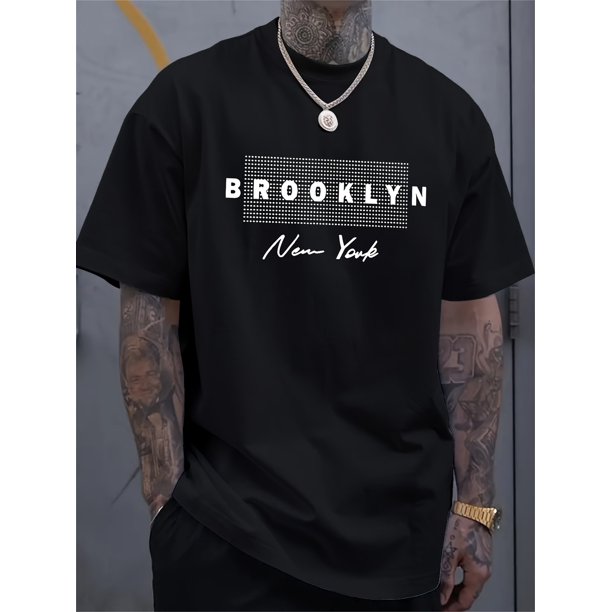 Men's Brooklyn New York Graphic T-Shirt - Soft Regular Fit Casual Tee with Bold Black & White Print, Machine Washable Round Neck Streetwear Top, Everyday Fashion | Round Neck Tee | Comfortable Tshirt