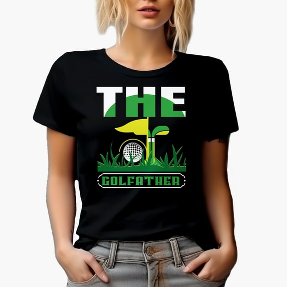 Witty The Golfather Pun with Ball, Flag & Club, Golf Player, Golfing or Golfer Themed Merch Gift, Black T-Shirt, Small