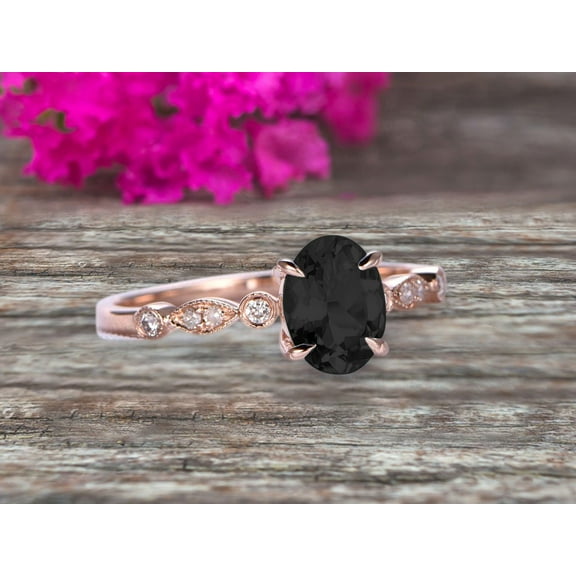 Oval Cut Art Deco 10k Rose Gold Anniversary Gift Personalized for Brides 1.75 Carat Wedding Ring Black Diamond Moissanite Engagement Ring