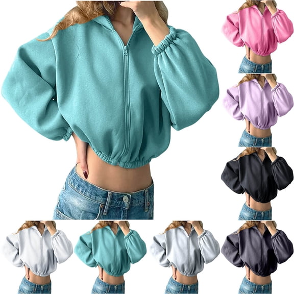 Feancey Cropped Hoodies for Women Y2K Oversized Fleece Zip Up Jackets Teen Girl Casual Elastic Waist Long Sleeve Hooded Sweatshirt Fashion Fall Jacket Dark Gray M