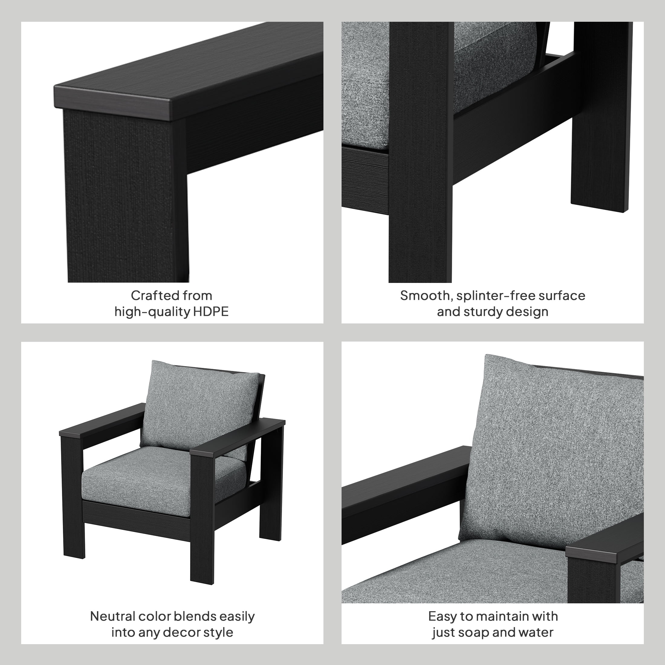 Better Homes & Gardens Ezra Outdoor HDPE Club Chair, Black with Bellamy Gray Cushions