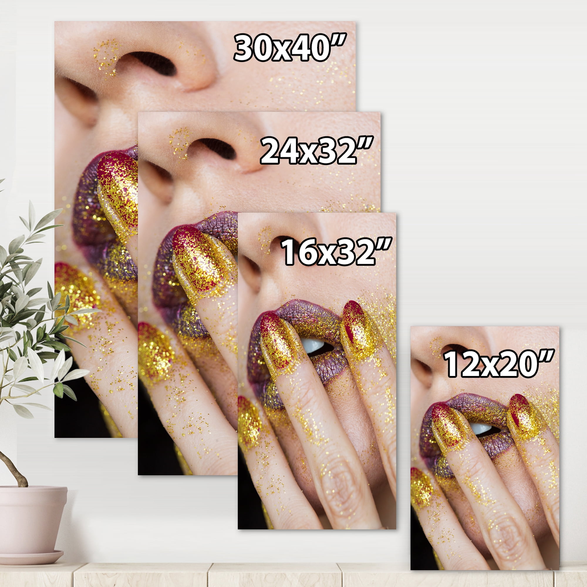 Designart ' Close-Up Of Woman Golden Gold Glitter Lipstick ' Modern Canvas Wall Art Print