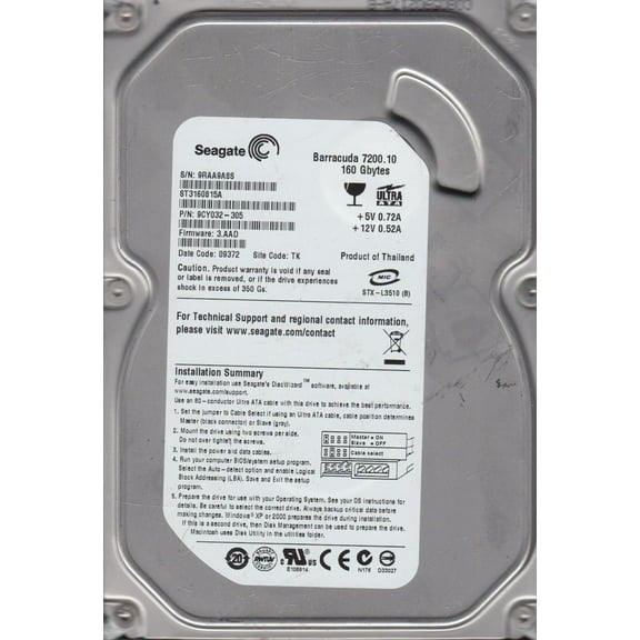 ST3160815A, 9RA, TK, PN 9CY032-305, FW 3.AAD, Seagate 160GB IDE 3.5 Hard Drive