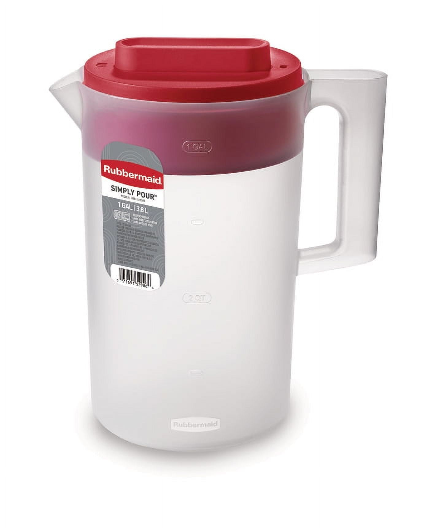Rubbermaid 2-Piece Pitcher Set with 3 Position Pour Spout Lid for Water,  Tea, and Drinks, Dishwasher Safe, 1-Gallon, Clear/Red