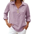 thumbnail image 5 of ManxiVoo V Neck Button Down Blouse for Women 3/4 Sleeve Cotton Linen Shirt Breezy Summer Tops Relaxed Fit Casual Office Wear M Size Light Violet, 5 of 9