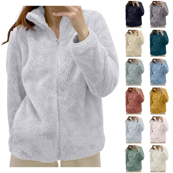 Sherpa Jacket Women Fuzzy Fleece Zip Up Stand Collar Long Sleeve Jackets Cozy Fluffy Sweater Coats Fall Warm Outerwear Yellow 3XL