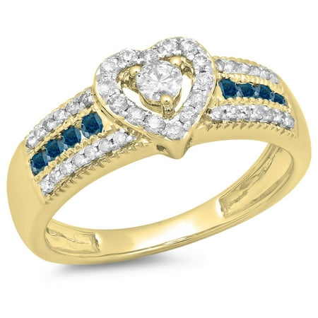 0.55 Carat (ctw) 14K Yellow Gold Round Cut Blue & White Diamond Ladies Bridal Heart Shaped Promise Engagement Ring 1/2 C