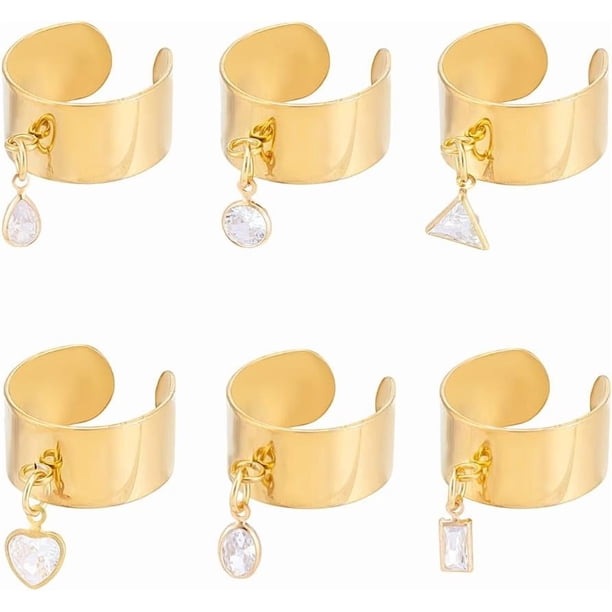 6 anillos de acero inoxidable con dijes de 6 estilos, ajustables, con dijes de diamantes de imitación, dorados, para mujer, regalo de Navidad y Año Nuevo, anillos abiertos para los dedos.
