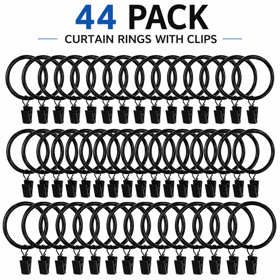 TAVENE 44Pack Curtain Rings with Clips Hooks, 2in Interior Diameter Curtain Hangers Clips, Rustproof Metal Stainless Steel Drapery Rings, Fits Diameter 1.8 in Rod, Vintage Black