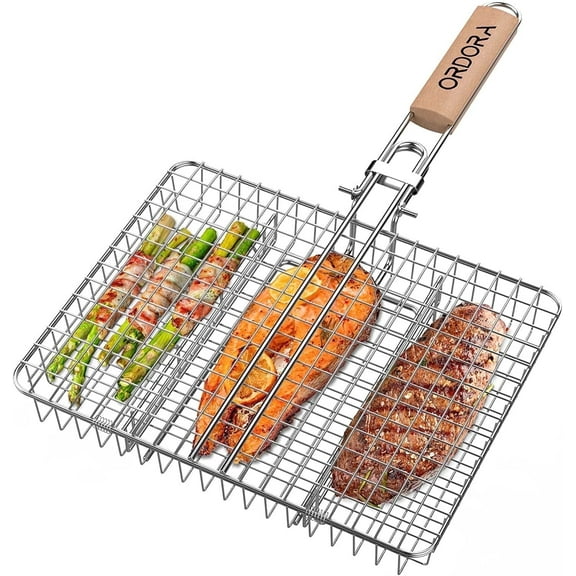Delamu Deep Grill Basket, Stainless Steel Grill with Detachable and Foldable Handle, Heavy Duty Grill Basket Outdoor Grill Camping BBQ Rack for Fish, Shrimp, Vegetables