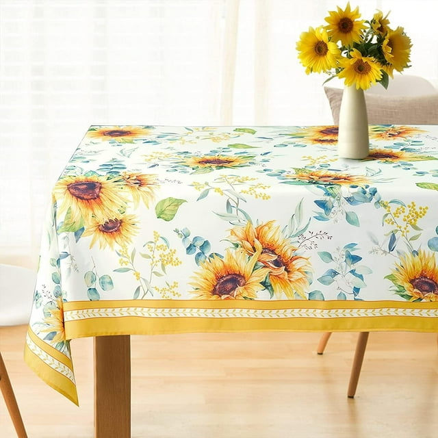 Rectangle Sunflower Tablecloth Waterproof Spring Summer Floral Tablecloths,Rustic Flower Tablecloth Farmhouse Washable Polyester Table Cloth Wrinkle-Free Table Cover for Dining/Party/Wedding