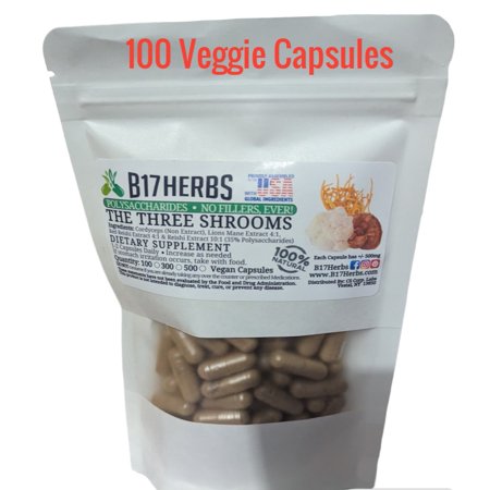 The Three Mushroom Blend - Hand Crafted w/No Fillers - Lions Mane Mushroom, Red Reishi, Cordyceps, 500mg, 100 Veggie HMPC Capsules