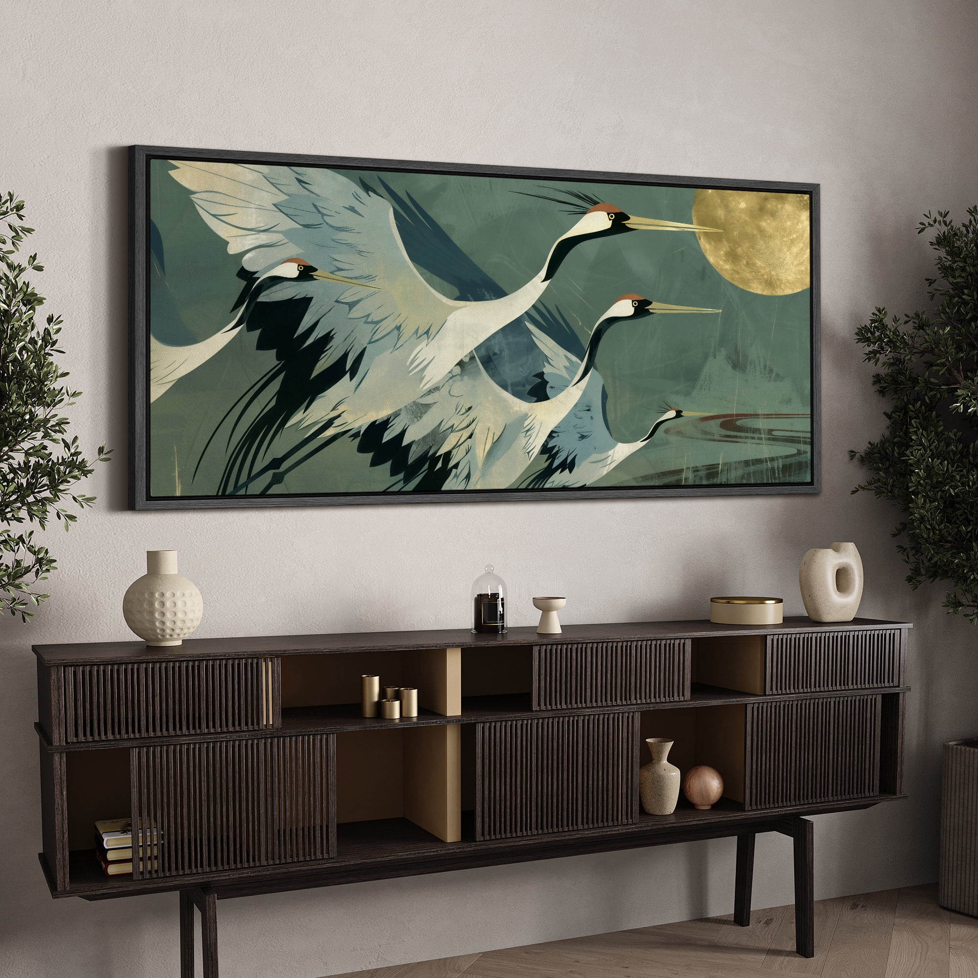 Large Framed Canvas Print Elegant Flying Cranes Under Full Moon - Japanese InspiredWall Art Decorative Ready to Hang Painting for Living room Bedroom 60x30 inches Black Frame