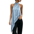 thumbnail image 2 of Karymi Tops for Women Trendy Halter Neck Asymmetric Tank Top, Twist Sleeveless Floral Lace Trim Irregular Long Hem Loose Flowy Camisole, Satin Layering Blouse Womens Tops, 2 of 7