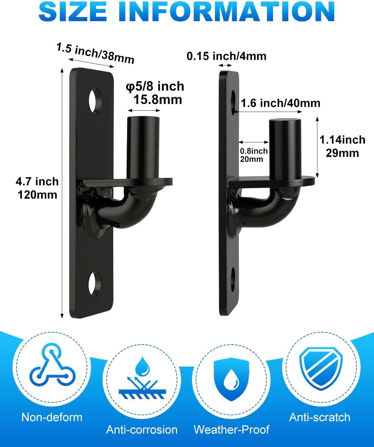 Wall Mount Gate Hinges 2 Pack Farm & Chain Link Gate Hinges with 5/8'' Pin, Heavy Duty Outdoor Metal Gate Hardware for Fence Posts(2 Pack, Black)