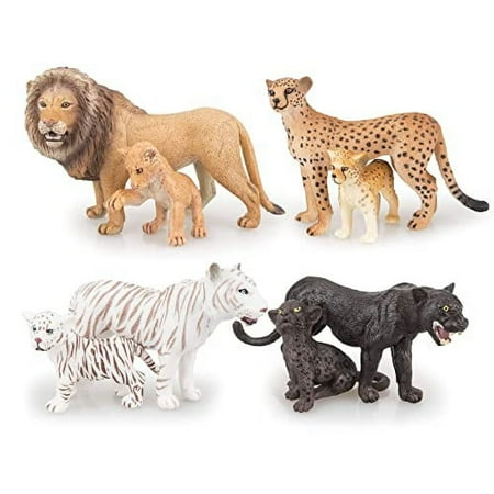 8Pcs 2-5"Plastic Jungle Animals Figure Playset Includes Baby Animals, Realistic Lion,Tiger,Cheetah,Black Panther Figurines With Cub, Cake Toppers Christmas Birthday Toy Gift For Kid