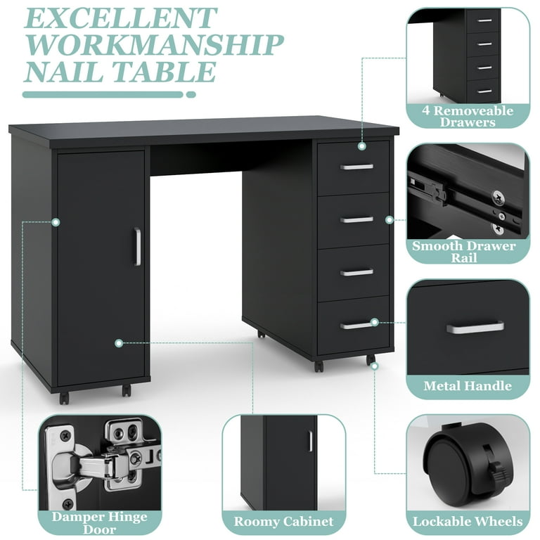 Manicure Table BTMWAY 47in Long Wood Nail Salon Station Table Rolling Manicure Nail Desk with Storage Drawers Nail Beauty Spa Salon Desk