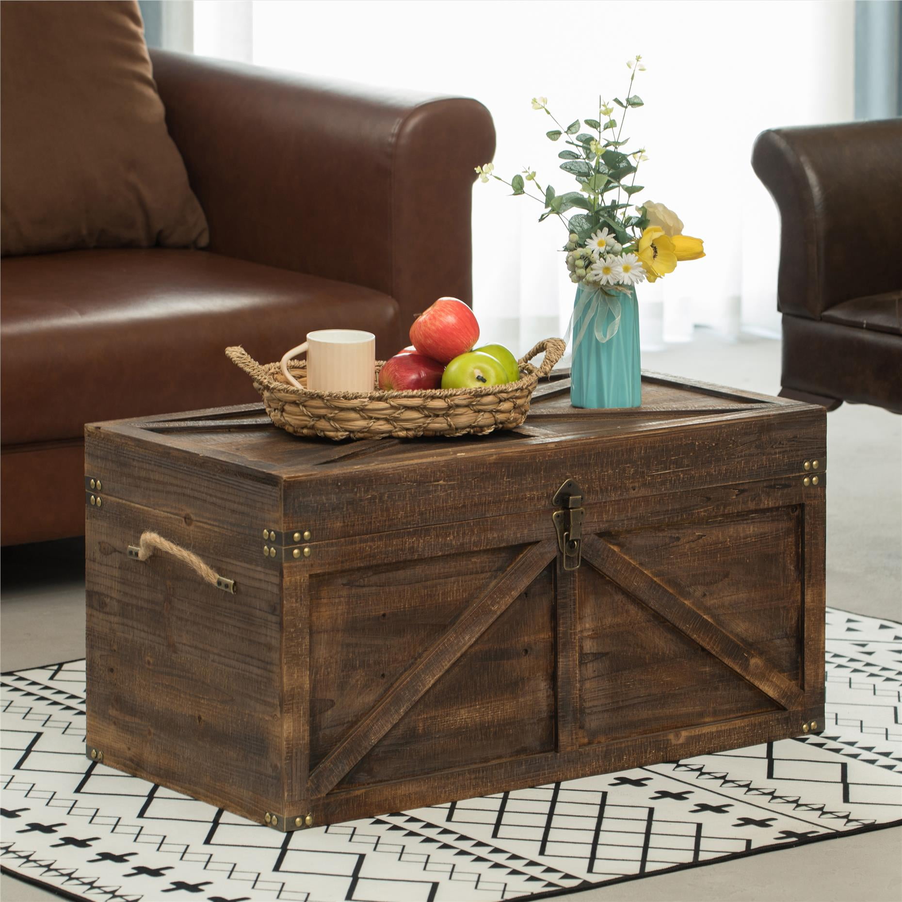 Large Rustic Wooden Storage Trunk With Lock – Farmhouse Style, Rope Handles, 31.5" X 16" X 16"