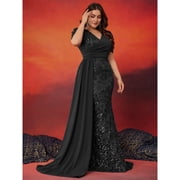 AURA Plus Size Evening Dress V Neck Short Sleeve Slim Fit Party Long Skirt Beaded Polyester