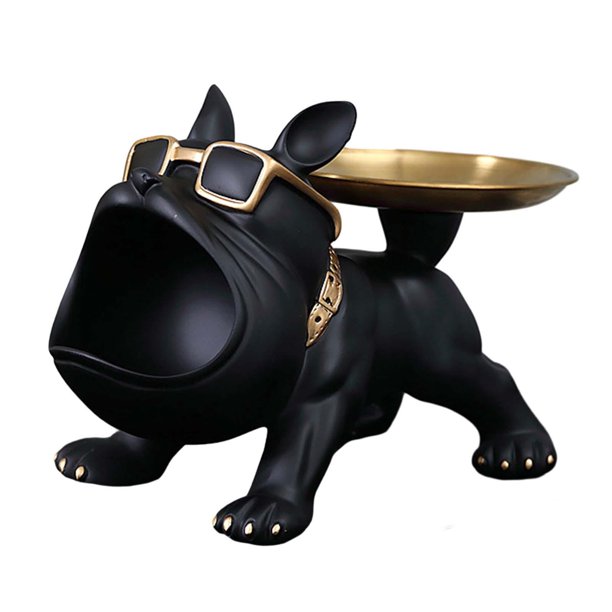 Bandeja de almacenamiento para perros, estatua, cuenco de estatuilla de perro, escultura de Animal de resina nórdica, bandeja de joyería de dulces par Negro