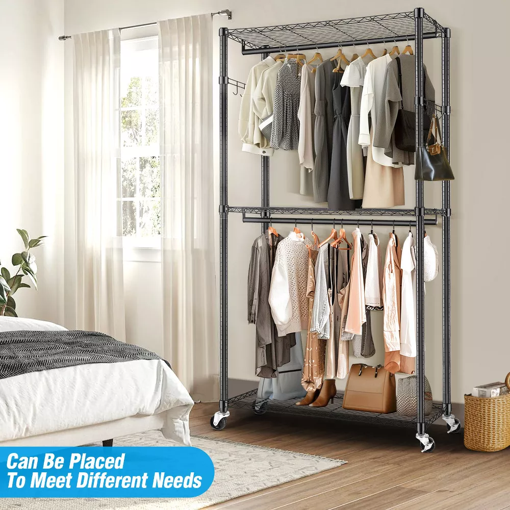Sailvan Heavy Duty Clothing Rack with 3 Tier Adjustable Shelves, Double Rod Rolling Garment Rack, Small Space Freestanding Closet Wardrobe 16.54"D x 23.62"W x 80.71"H,White