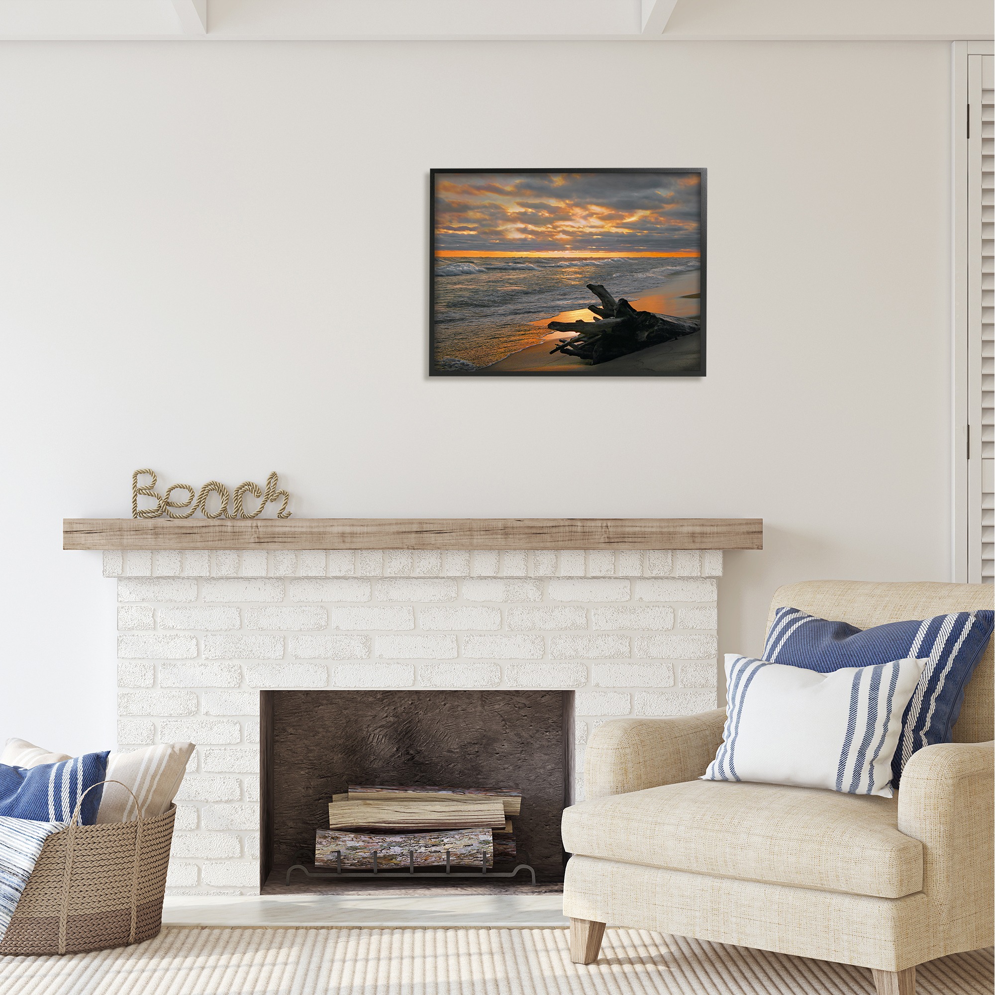 Stupell Industries Driftwood at Sunset Landscape Photography Black Framed Art Print Wall Art, 30 x 24
