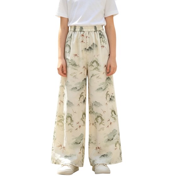 Coerni Girls Ink‑Wash Printed Pants Lightweight Chiffon Wide Leg Pants Elastic High Waist Flowy Trousers Summer Casual Vacation