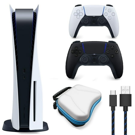 Sony PlayStation 5 Console (PS5 Disc Console) Disc Version with Midnight Black DualSense Controller, Controller Case, and Long Heavy Duty Braided Type C Cord
