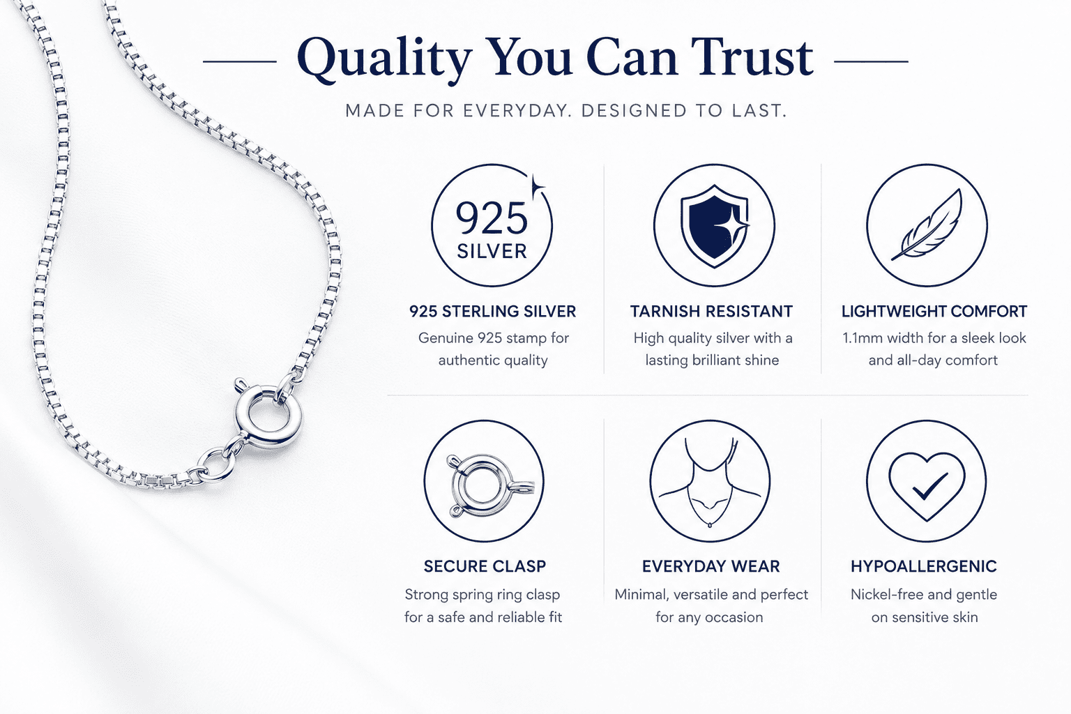 925 Sterling Silver Box Chain Necklace 20 Inch – 1.1mm Italian Solid Silver Chain for Women & Men, Lobster Clasp, Pendant Necklace Chain