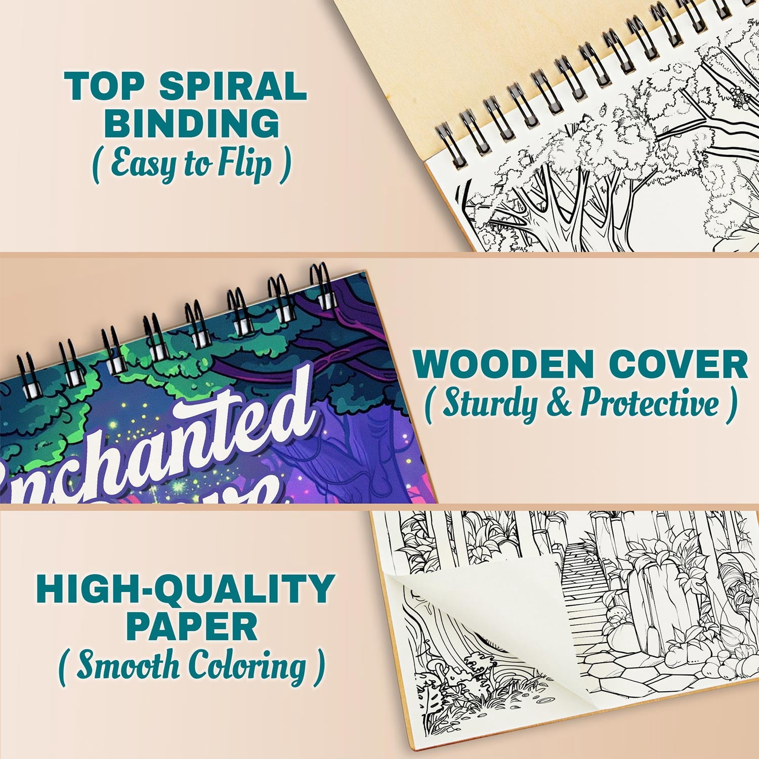Netecom Enchanted Grove Coloring Book Spiral Bound for Adults, A5 Wooden Cover, 30 Whimsical Coloring Pages of Enchanting Landscapes for Stress Relief and Relaxation