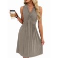 thumbnail image 3 of Women'S Twist Front V Neck Ruffle Summer Dress Elegant Sleeveless Club Party Tunic Bodycon Mini Dresses Brown S, 3 of 9